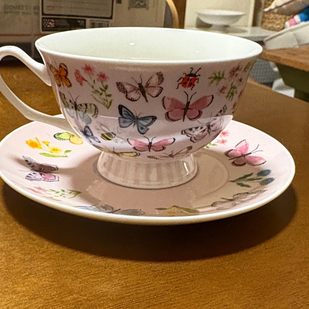 Butterfly Patterned Pink Tea Cup and Saucer Set